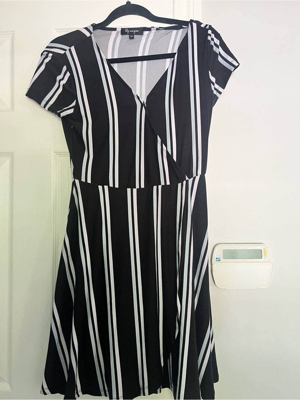 Black & White Striped V-Neck Fit-and-Flare Dress